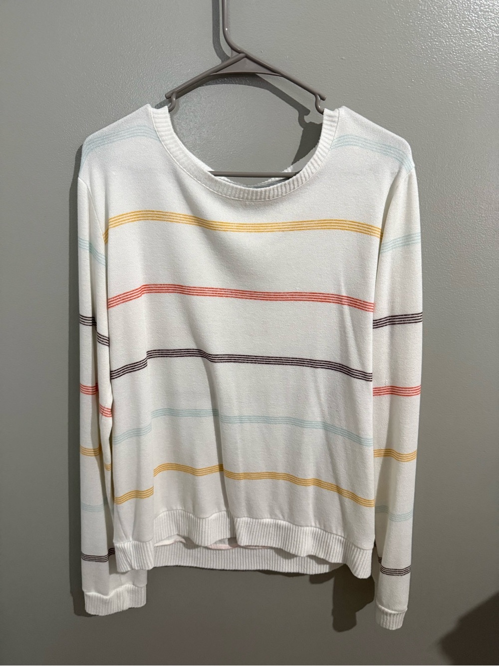 White Multi-Stripe Lightweight Crewneck Sweater